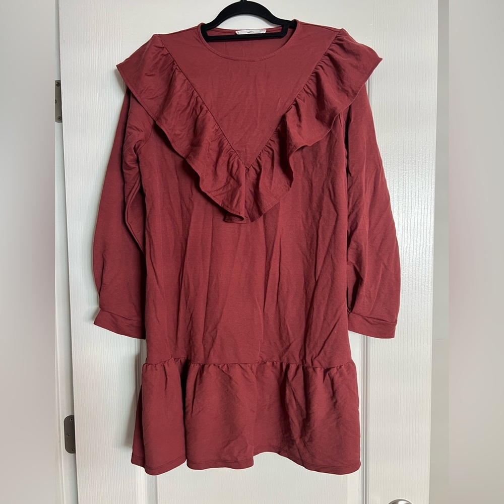 Mango - Ruffled Drop Waist - Rust Red / Maroon Dress - Picture 6 of 10